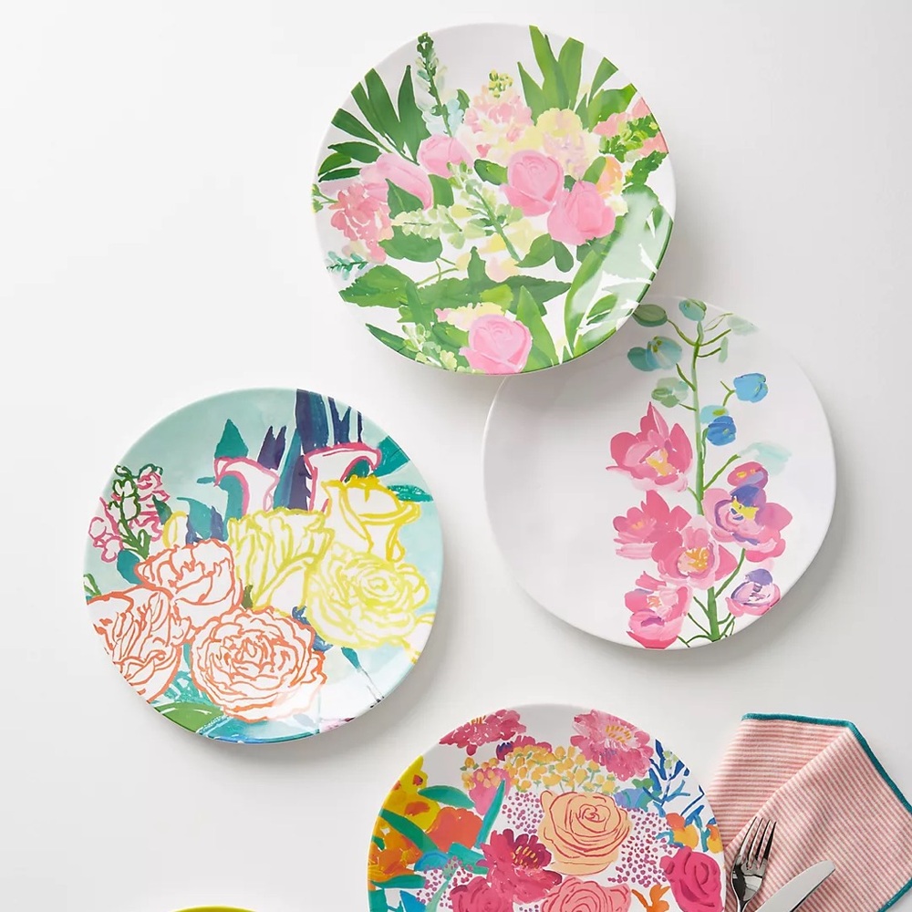 Vintage Anthropologie Paint + Petals Melamine Dinner Plate set of 2
